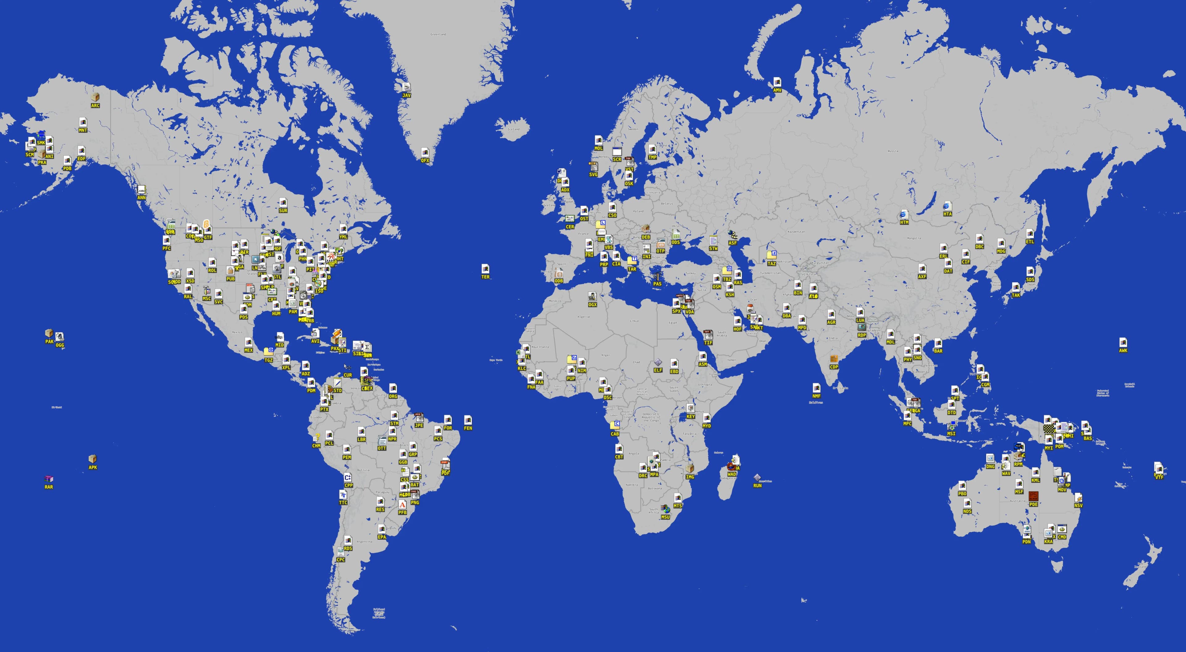 The world map with filetype icons placed at their matching airports
