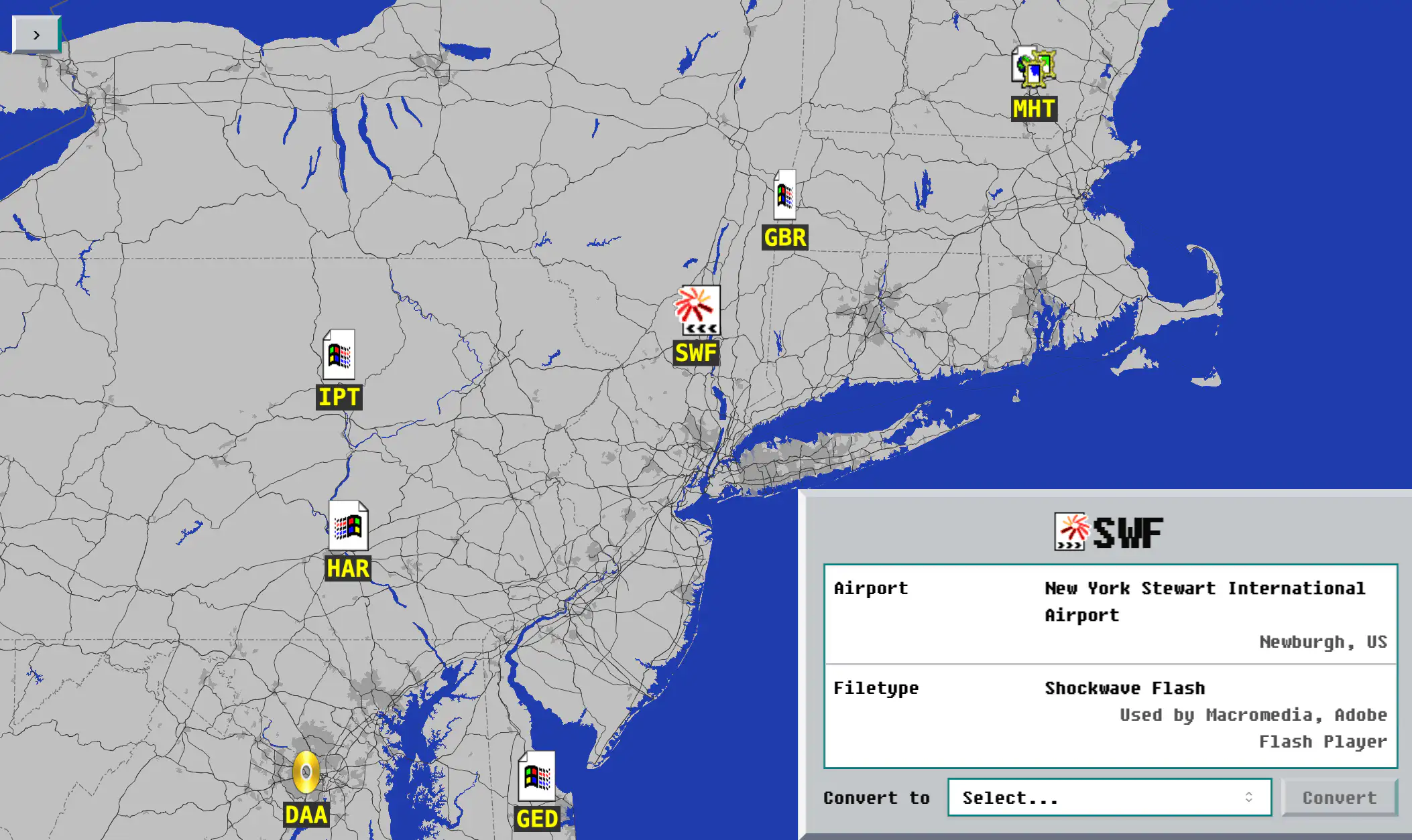 SWF → New York Stewart International Airport, Newburgh, US (Shockwave Flash)