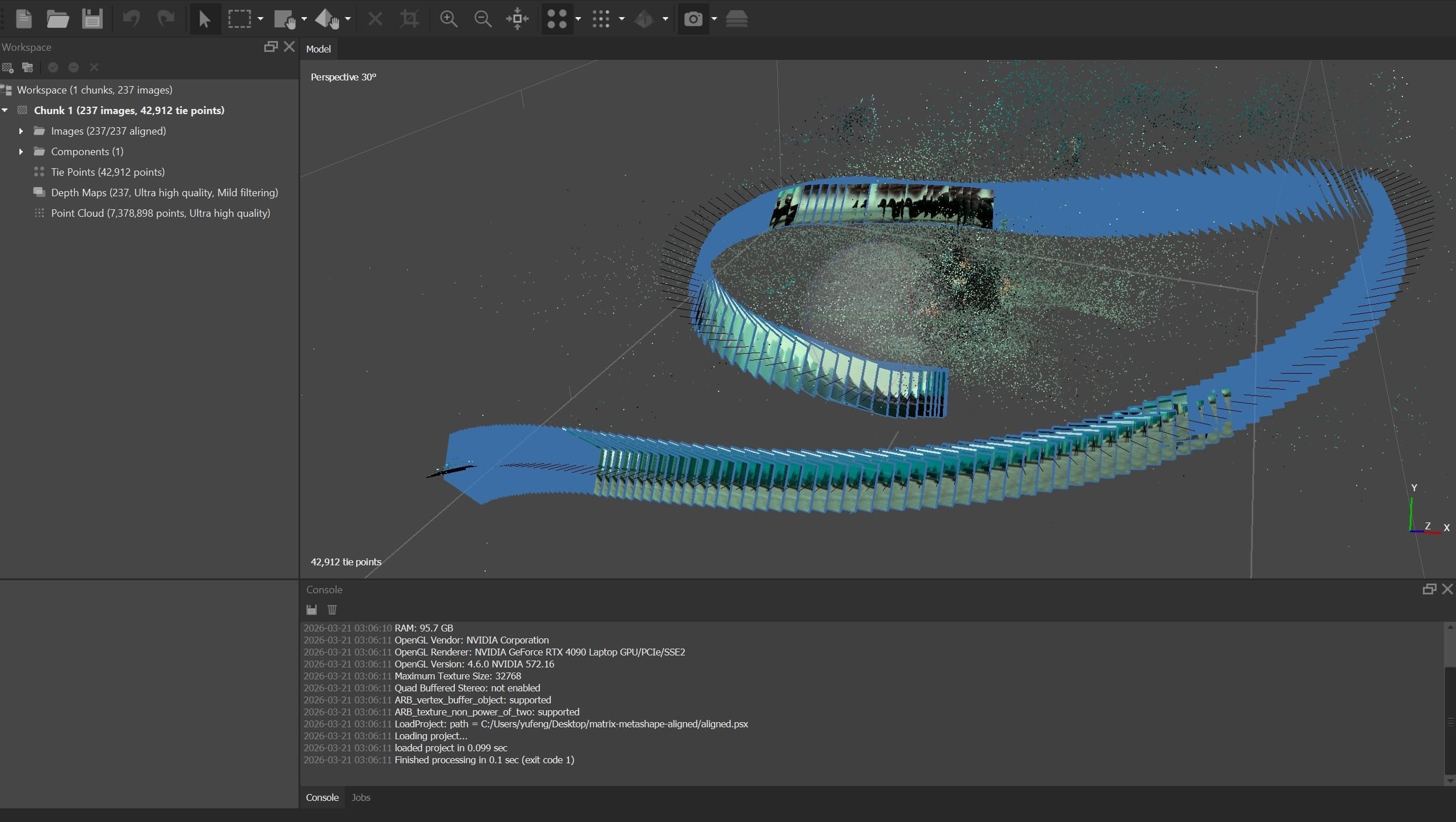 Metashape screenshot showing the aligned camera positions along the arc (2023)